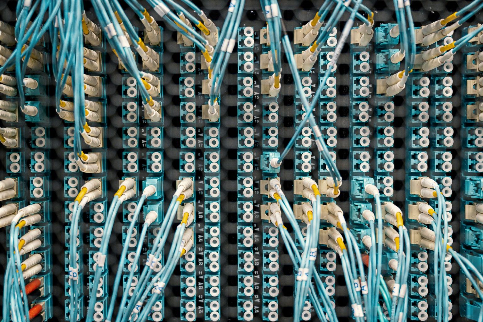 Cabos de fibra óptica conectados a portas de um servidor de dados moderno, vistos de cima