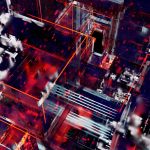 Linhas luminosas e circuitos digitais interconectados em uma composição abstrata sobre fundo escuro.