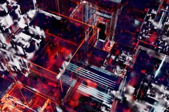 Linhas luminosas e circuitos digitais interconectados em uma composição abstrata sobre fundo escuro.