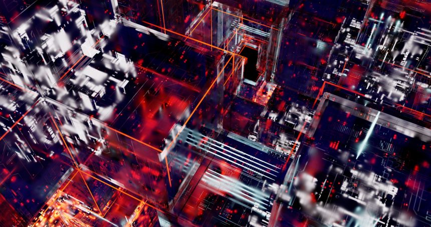 Linhas luminosas e circuitos digitais interconectados em uma composição abstrata sobre fundo escuro.