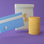 Ilustração 3D de um cartão de crédito, moedas e cifrão sobre fundo roxo, representando pagamentos digitais e ativos financeiros.