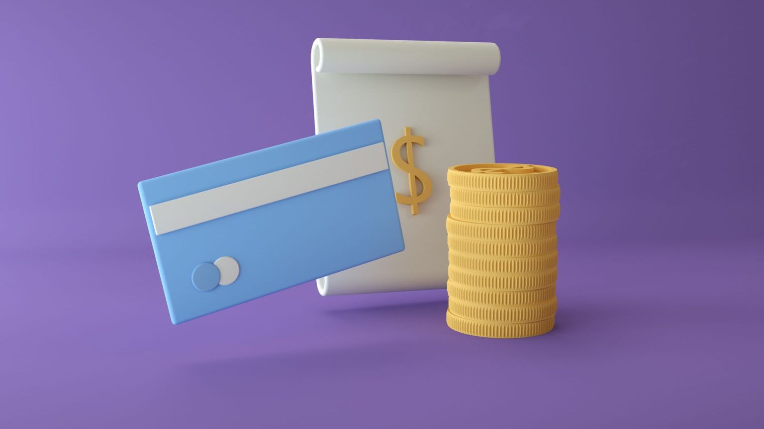 Ilustração 3D de um cartão de crédito, moedas e cifrão sobre fundo roxo, representando pagamentos digitais e ativos financeiros.