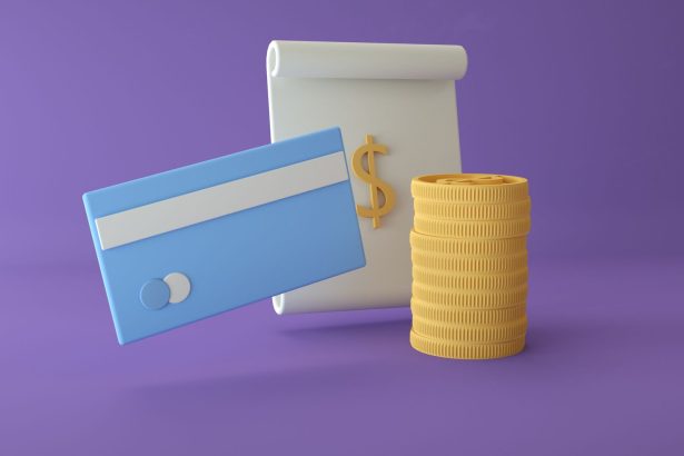 Ilustração 3D de um cartão de crédito, moedas e cifrão sobre fundo roxo, representando pagamentos digitais e ativos financeiros.
