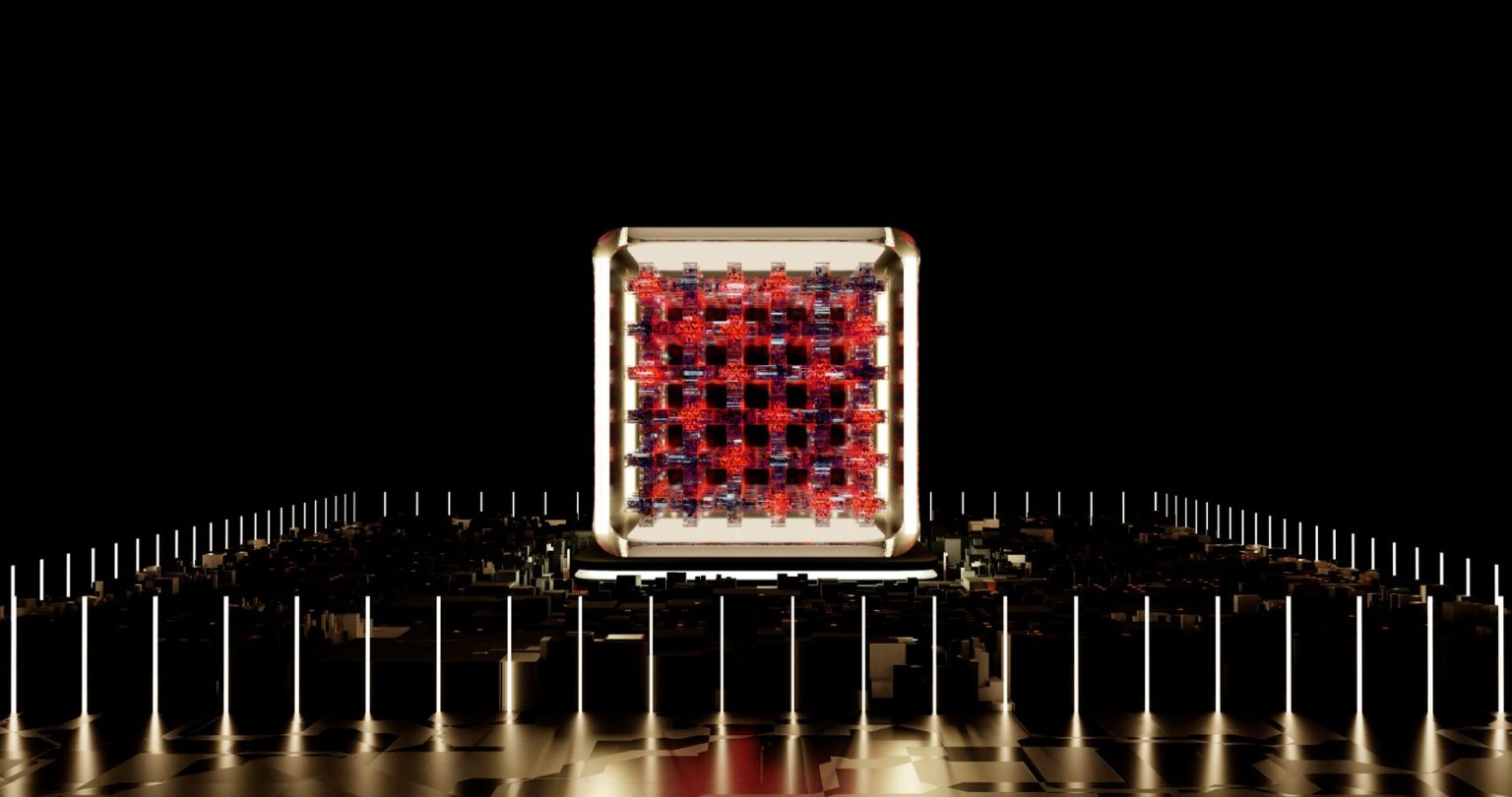 Representação abstrata de um processador digital futurista com elementos luminosos.