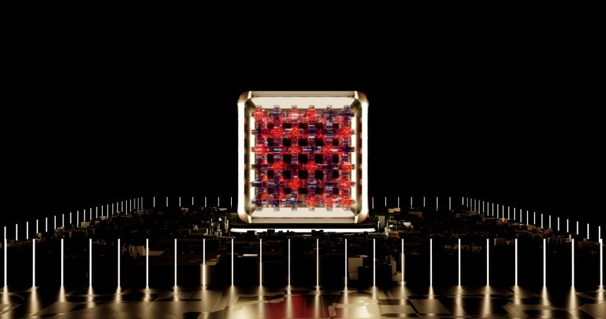 Representação abstrata de um processador digital futurista com elementos luminosos.