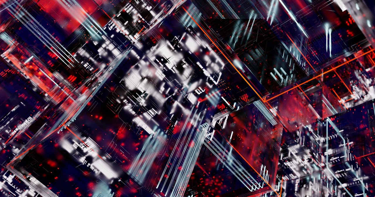 Visualização abstrata de circuitos digitais interconectados, com linhas luminosas em cores vibrantes.